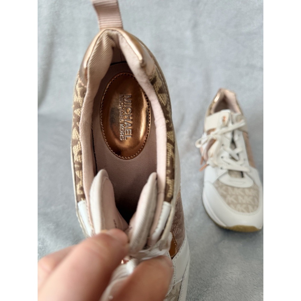Michael Kors Rose Gold Georgie Trainer Sneakers Heels SZ 9 Leather Canvas Pink - Picture 8 of 9